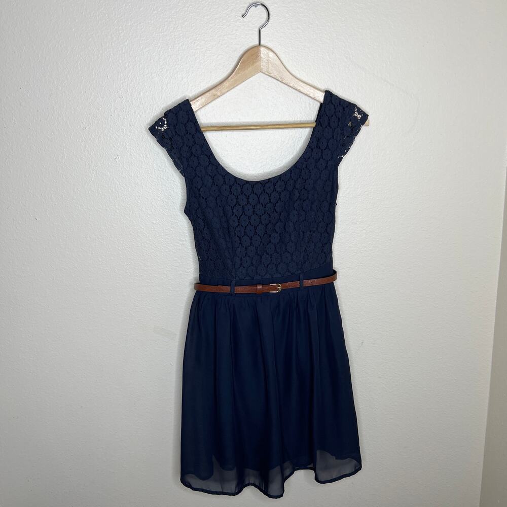 City Studio Crochet Open Back Navy Dress 3 NWT
